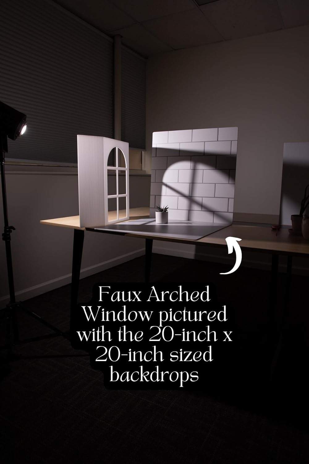 Create captivating visuals with the Bessie Bakes Small Size Self-Standing Faux Window Frame 3-Pack Collection. This set includes three unique frames: an Arched Window, a Traditional Window, and Window Blinds. These frames offer a versatile backdrop for food, product, beauty, lifestyle, or portrait photography, allowing you to easily craft stunning scenes.

Each frame measures 10 inches x 17 inches when the flaps are closed and expands to 21 inches wide when open. These lightweight, self-standing frames are designed for easy setup and takedown, making them perfect for photographers who need a quick yet professional backdrop solution.

Ideal for artificial lighting, these frames give you full control over light positioning and shadow play, creating dynamic, window-lit effects in your photos. Whether you're a novice or a seasoned professional, these faux window frames will add a creative dimension to your photography setups.