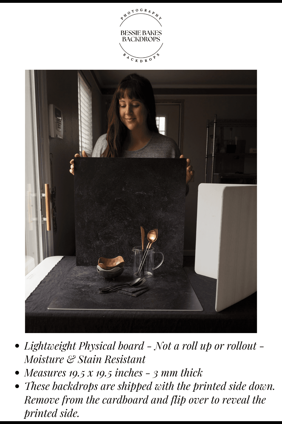 Bessie Bakes Black Textured Paint Replicated Photography Backdrop 19.5 Inch x 19.5 Inch Square 3 mm Thick