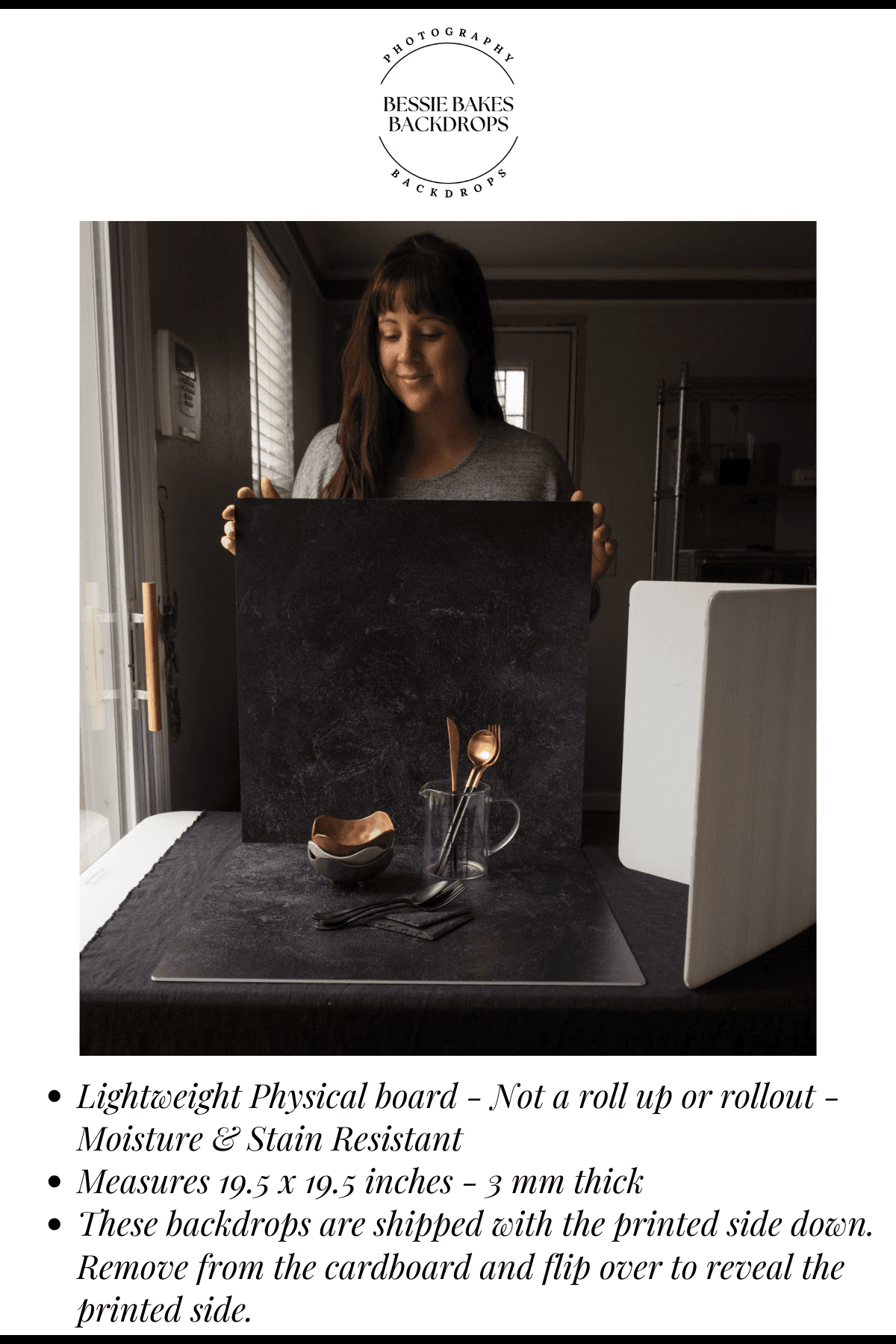 Bessie Bakes Black Textured Paint Replicated Photography Backdrop 19.5 Inch x 19.5 Inch Square 3 mm Thick